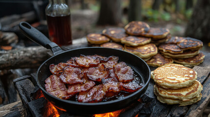 Cooking Bacon is Genius, A skillet sizzling with crispy bacon beside stacks of golden pancakes, set in a rustic outdoor setting with a bottle of syrup in the background.