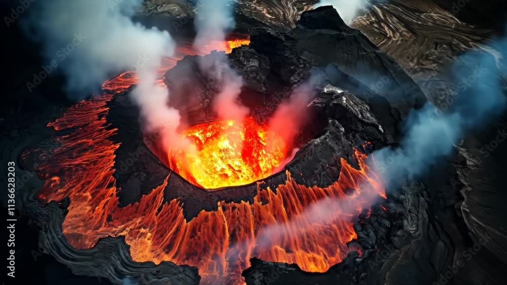 Wall mural volcano eruption from a bird view. volcano crater and magma flow shot from above
