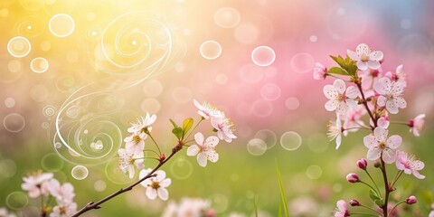 Fototapeta premium Delicate white blossoms on a branch, adorned with swirling, ethereal lines, against a backdrop of soft, dreamy bokeh.