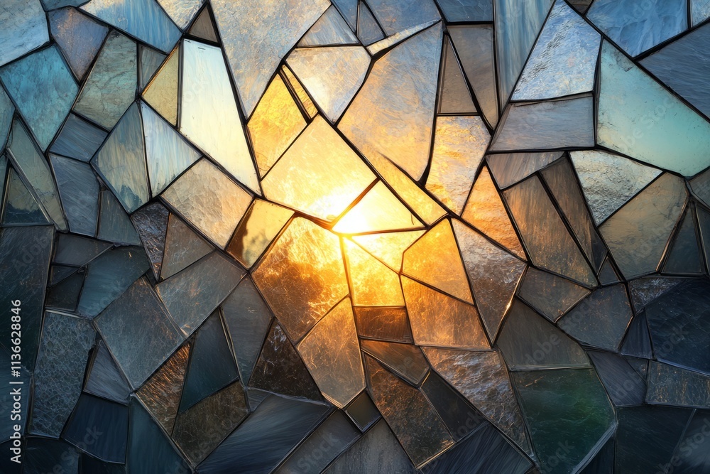 Poster Sunlight filters through colorful stained glass shards creating a vibrant mosaic of light and color