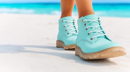 Naklejka premium Walking on White Sand Turquoise Boots by the Shore Coastal Beach Footwear Photography Summer Vibes Close-Up View