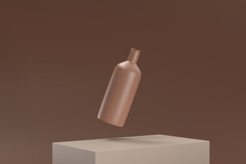 A bottle of brown liquid is floating in the air above a brown surface