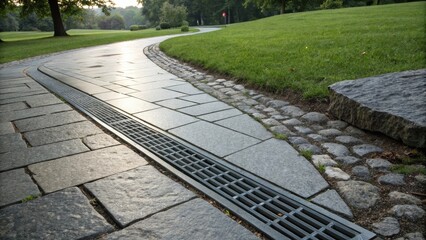 Obraz premium A curved stone path winds through a grassy park with a drainage grate leading into the green space.