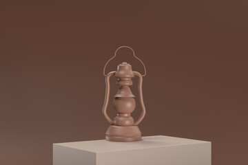 A brown lantern sits on a brown surface