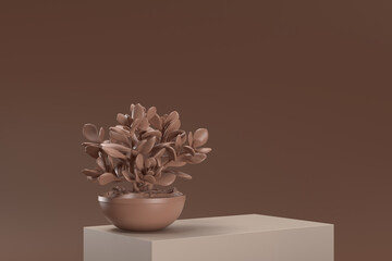 A brown plant is sitting in a brown bowl on a brown surface