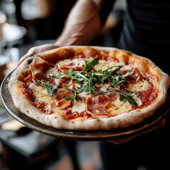 Waiter Serving Gourmet Pizza with Prosciutto and Arugula