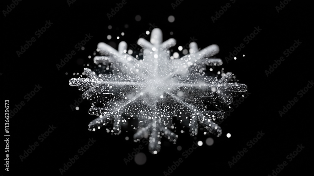 Poster snowflake frozen texture on black background sparkling with light reflections and particles