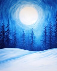 Serene Winter Night Illuminated by a Bright Full Moon Over a Snowy Landscape