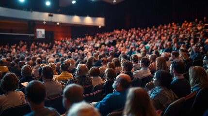 Audience of professionals engaged in a presentation in a vibrant, expansive auditorium