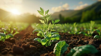 A close-up of vibrant green seedlings emerging from rich soil, illuminated by the golden glow of sunrise in a serene agricultural setting.