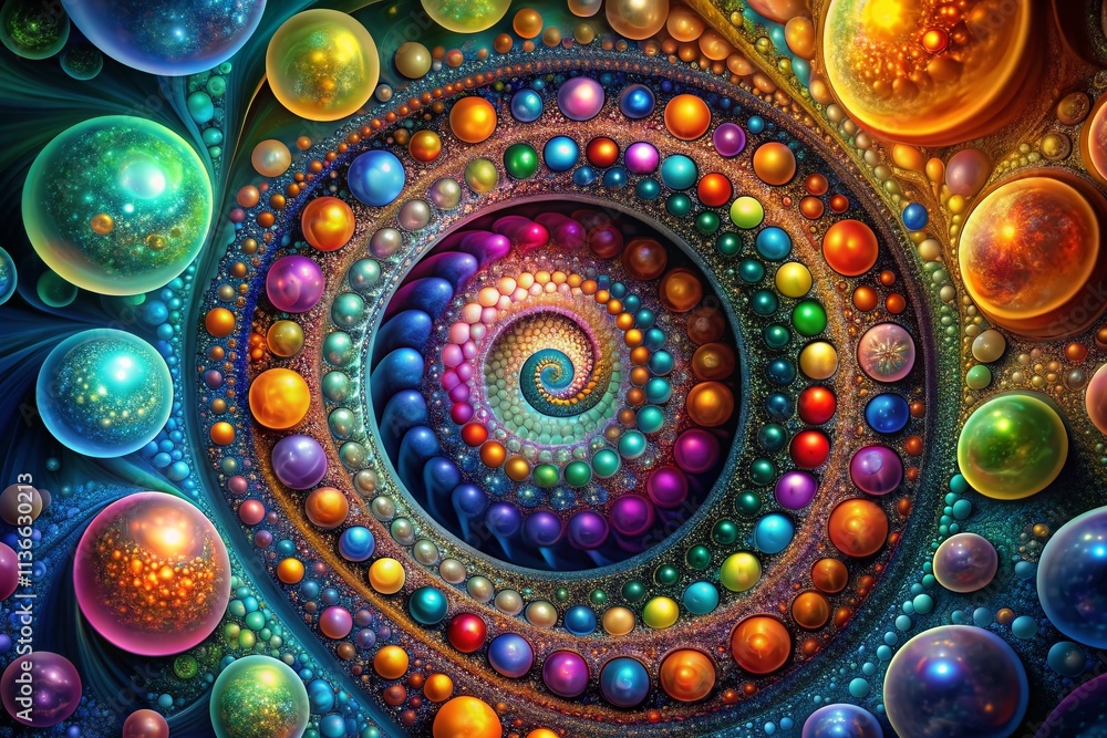 Poster stunning abstract fractal spiral featuring vibrant multicolored bubbles in a captivating composition