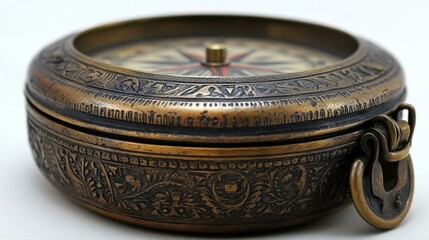 Brass Navigator. Antique brass compass with intricate engravings vinta