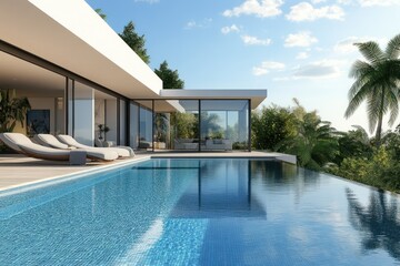 Fototapeta premium Modern luxury villa with an infinity pool, sleek design, and lush tropical surroundings
