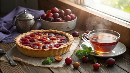 A Homemade Plum Tart Served with Tea and Fresh Mint on a Rustic Wooden Table