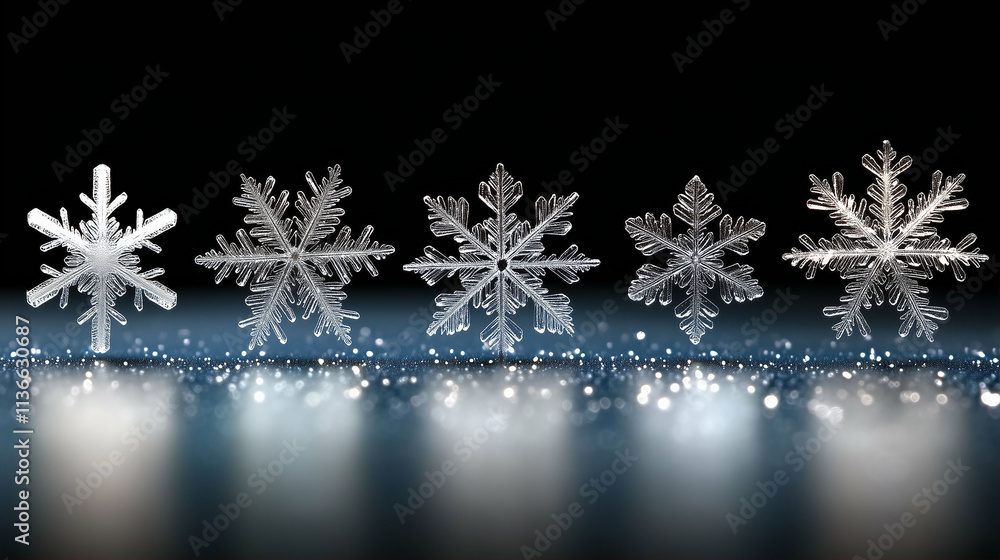 Poster snowflakes on a sparkling winter background with intricate designs and a magical atmosphere