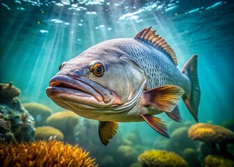 Fototapeta premium Stunning Barramundi Fish High Resolution Photo, Deep Depth of Field, Underwater Wildlife, Australian Fish, Aquatic Life, Nature Photography