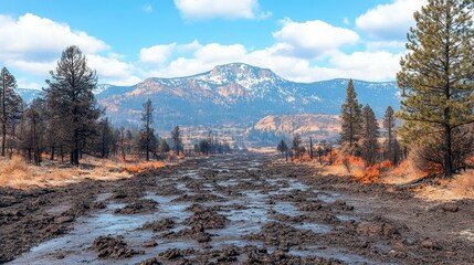 Forest Path. Scenic mountain trail with pine trees under blue sky autu