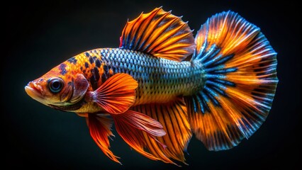 Fototapeta premium Stunning Betta Splendens Tiger Fish High-Resolution Image, Vibrant Colors, Detailed Scales, Shallow Depth of Field, Macro Photography