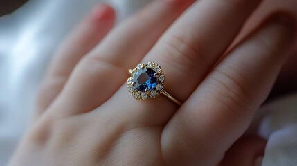 Elegant gold ring with blue stone and diamond accents on a hand in soft lighting