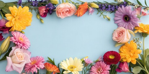 A pastel blue background with a colorful floral border, featuring roses, gerberas, and other blooms, perfect for greeting cards, invitations, and more