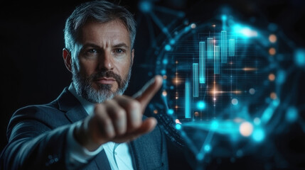 focused businessman in stylish suit interacts with digital data