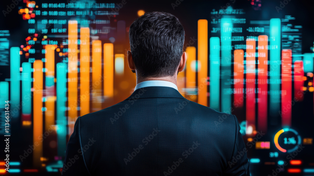 Poster professional in formal attire analyzes data visualizations on screen