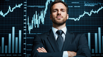 confident man in formal attire stands in front of financial graph, showcasing professionalism and success