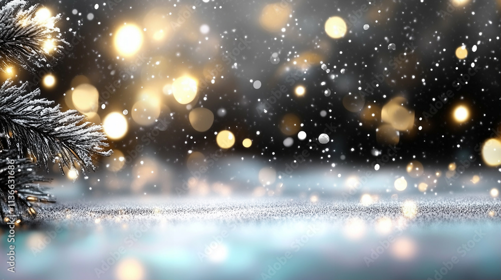 Poster pine branch in winter bokeh with snowflakes sparkling through blurred lights