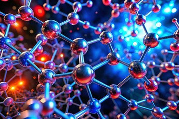 Stunning Drone Photography of Molecular Structures Illuminated with Vibrant Red and Blue Light Effects, Showcasing the Intricacies of Chemical Bonds and Atomic Connections