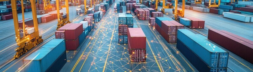 Fototapeta premium Aerial view of a busy shipping yard filled with colorful containers and cranes.
