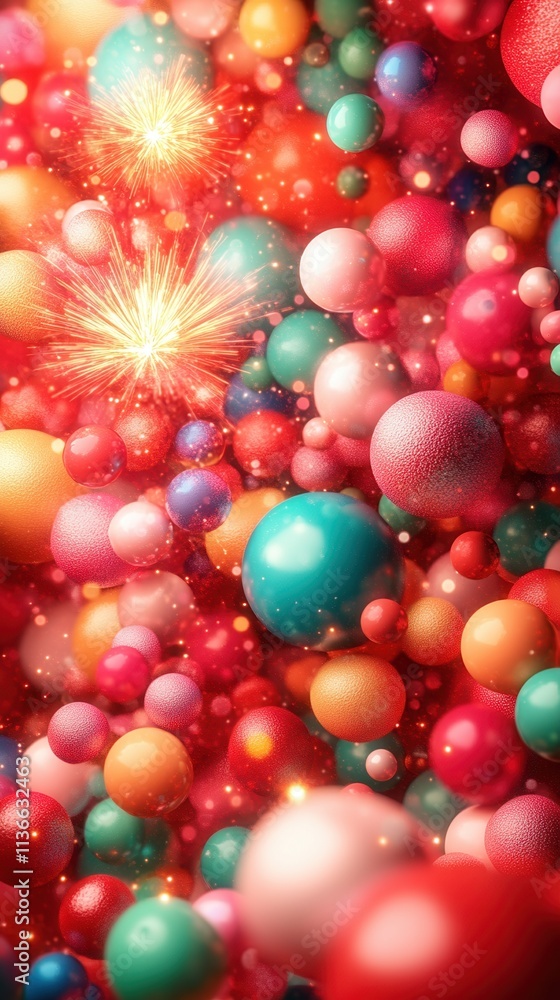 Poster a vibrant abstract composition featuring colorful spheres and bursts of light, creating a sense of d