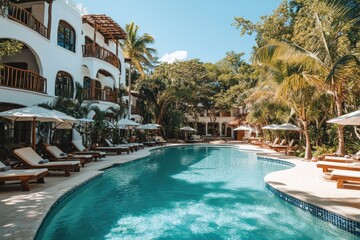a large pool with loungers and umbrellas as a tropical hotel facility, surrounded by lush greenery and trees
