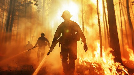Fototapeta na wymiar Brave firefighters working tirelessly to control a raging forest fire, silhouetted against the vivid flames and smoke in a dramatic setting. disaster management, emergency response