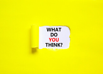 What do you think symbol. Concept words What do you think on beautiful white paper. Beautiful yellow background. Business and What do you think concept. Copy space.