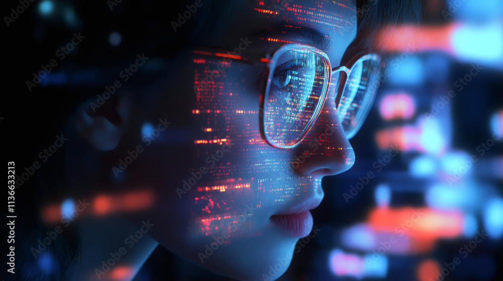 Poster Female programmer in glasses analyzing data code stream in futuristic augmented reality interface in close-up