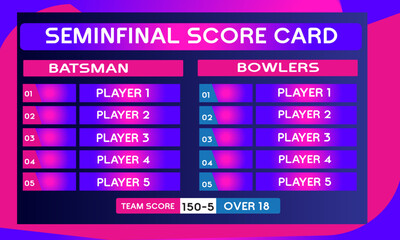 Cricket semi final scorecard game leaderboard with abstract background vector