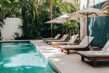 Obraz premium a large pool with loungers and umbrellas as a tropical hotel facility, surrounded by lush greenery and trees