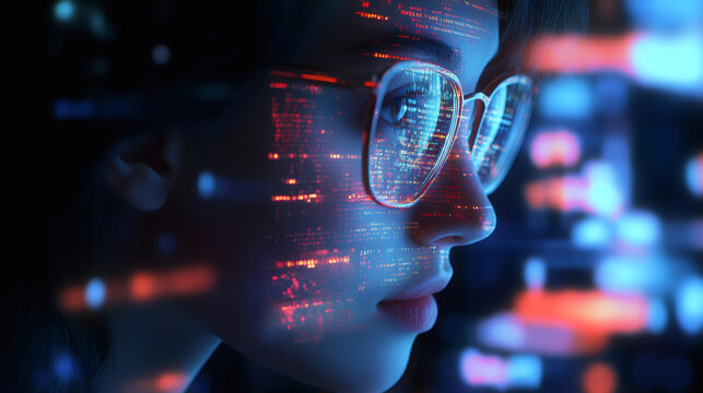 Female programmer in glasses analyzing data code stream in futuristic augmented reality interface in close-up