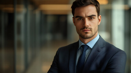 Fototapeta premium Serious businessman exuding confidence and professionalism, standing with arms crossed in a corporate environment