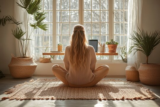 Minimalist office corner with wooden desk and laptop bright room lifestyle shot cozy environment natural light serenity