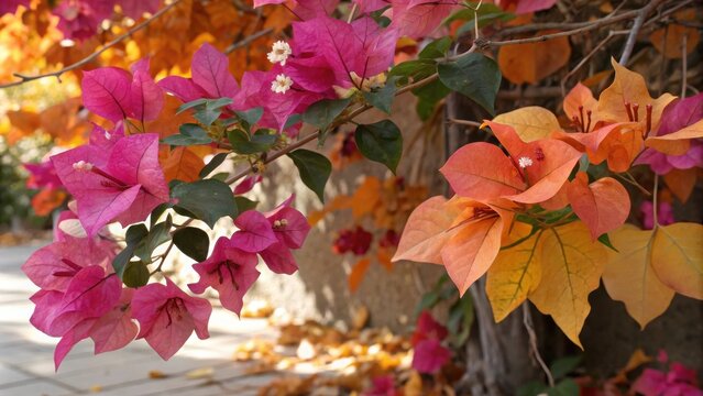 A close-up view of a vibrant bougainvillea vine with pink and orange flowers in full bloom, showcasing the delicate texture and intricate patterns of the petals.