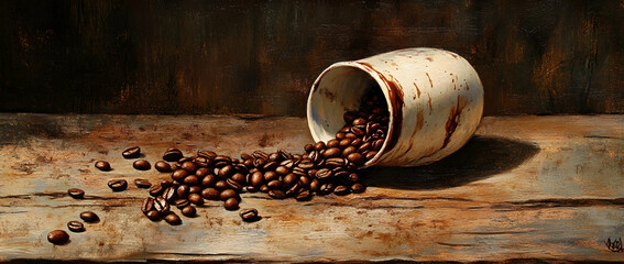 Coffee beans spilling from a cup onto a weathered wooden table, rich and textured