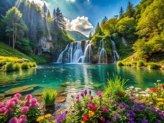 Naklejka premium Stunning Waterfall Lake Mountain Seamless Loop Animation Background Food Photography
