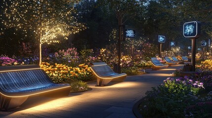 A serene eco-city park with solar-powered benches and pathways lined with bioluminescent plants. Robotic gardeners tend to vibrant flower beds, while holographic guides provide real-time environmental
