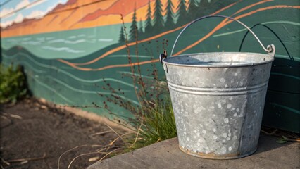 A weathered metal bucket sits in front of a colorful wall mural depicting a scenic landscape.