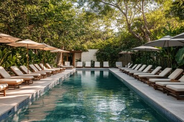 Fototapeta premium a large pool with loungers and umbrellas as a tropical hotel facility, surrounded by lush greenery and trees