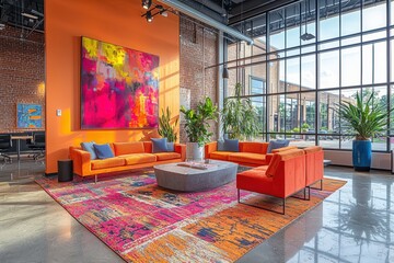 Innovative coworking space with vibrant colors urban environment modern design high fidelity creative concept