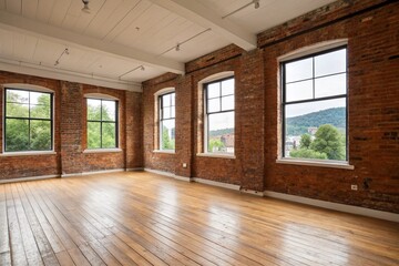 Obraz premium Stylish Empty Loft Room Interior with Wooden Floor and Brick Wall Showcasing Three Large Windows for Modern Design Inspiration