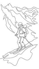 Fototapeta premium Continuous one line drawing skier in the mountains. Mountain landscape. Skier on the mountain slope. Alpine skiing. One continuous line isolated minimal illustration.Not AI.