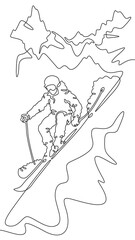 Continuous one line drawing skier in the mountains. Mountain landscape. Skier on the mountain slope. Alpine skiing. One continuous line isolated minimal illustration.Not AI.